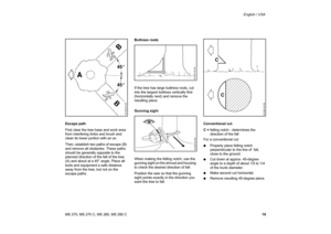 Page 20
19
MS 270, MS 270 C, MS 280, MS 280 C English / USA
Escape path
First clear the tree base and work area 
from interfering limbs and brush and 
clean its lower portion with an ax. 
Then, establish two paths of escape (B) 
and remove all obstacles. These paths 
should be generally opposite to the 
planned direction of the fall of the tree 
(A) and about at a 45° angle. Place all 
tools and equipment a safe distance 
away from the tree, but not on the 
escape paths. Buttress roots
If the tree has large...