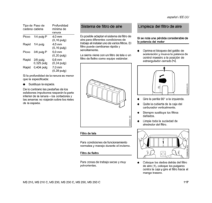Page 119MS 210, MS 210 C, MS 230, MS 230 C, MS 250, MS 250 C
español / EE.UU
117 Si la profundidad de la ranura es menor 
que la especificada:
NSustituya la espada.
De lo contrario las pestañas de los 
eslabones impulsores rasparán la parte 
inferior de la ranura – los cortadores y 
las amarras no viajarán sobre los rieles 
de la espada.Es posible adaptar el sistema de filtro de 
aire para diferentes condiciones de 
trabajo al instalar uno de varios filtros. El 
filtro puede cambiarse rápida y 
sencillamente.
La...