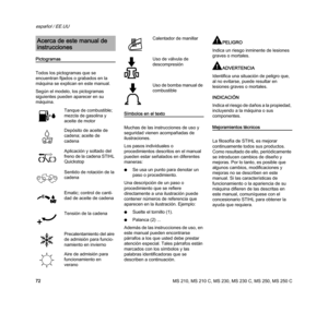 Page 74MS 210, MS 210 C, MS 230, MS 230 C, MS 250, MS 250 C
español / EE.UU
72
Pictogramas
Todos los pictogramas que se 
encuentran fijados o grabados en la 
máquina se explican en este manual.
Según el modelo, los pictogramas 
siguientes pueden aparecer en su 
máquina.
Símbolos en el texto
Muchas de las instrucciones de uso y 
seguridad vienen acompañadas de 
ilustraciones.
Los pasos individuales o 
procedimientos descritos en el manual 
pueden estar señalados en diferentes 
maneras:
NSe usa un punto para...