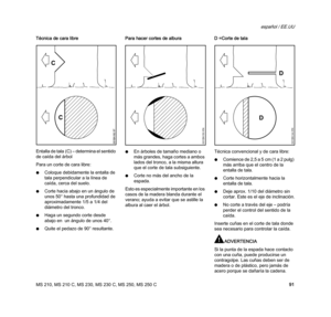 Page 93MS 210, MS 210 C, MS 230, MS 230 C, MS 250, MS 250 C
español / EE.UU
91 Técnica de cara libre
Entalla de tala (C) – determina el sentido 
de caída del árbol
Para un corte de cara libre:
NColoque debidamente la entalla de 
tala perpendicular a la línea de 
caída, cerca del suelo.
NCorte hacia abajo en un ángulo de 
unos 50° hasta una profundidad de 
aproximadamente 1/5 a 1/4 del 
diámetro del tronco.
NHaga un segundo corte desde 
abajo en  un ángulo de unos 40°.
NQuite el pedazo de 90° resultante.Para...
