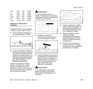 Page 125MS 171, MS 181, MS 181 C, MS 211, MS 211 C
español / EE.UU
123 Reducción de calibradores de 
profundidad
El ajuste del calibrador de profundidad 
se reduce cuando se afila la cadena.
NRevise el ajuste del calibrador de 
profundidad después del afilado
NColoque el calibrador de afilado (1) 
adecuado para el paso en la cadena 
de aserrado y presiónelo contra el 
cortador que se desea revisar – si el 
calibrador de profundidad sobresale 
más allá del calibrador de afilado, 
será necesario modificar el...