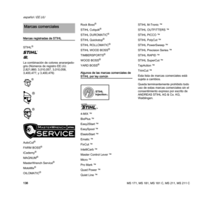 Page 140MS 171, MS 181, MS 181 C, MS 211, MS 211 C
español / EE.UU
138
Marcas registradas de STIHL
STIHL
®
{
K
La combinación de colores anaranjado-
gris (Números de registro EE.UU. 
2,821,860; 3,010,057, 3,010,058, 
3,400,477; y 3,400,476)
AutoCut
®
FARM BOSS®
iCademy®
MAGNUM®
MasterWrench Service®
MotoMix®
OILOMATIC®
Rock Boss®
STIHL Cutquik®
STIHL DUROMATIC®
STIHL Quickstop®
STIHL ROLLOMATIC®
STIHL WOOD BOSS®
TIMBERSPORTS®
WOOD BOSS®
YARD BOSS®
Algunos de las marcas comerciales de 
STIHL por ley común
4-MIX...