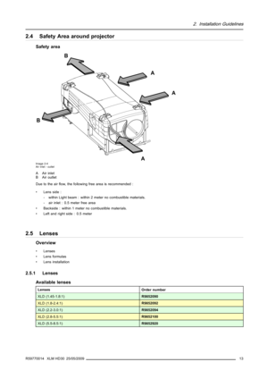 Page 172. Installation Guidelines
2.4 Safety Area around projector
Safety area
A
A
A B
B
Image 2-4
Air inlet - outlet
A Air inlet
B Air outlet
Due to the airﬂow, the following free area is recommended :
• Lens side :
- within Light beam : within 2 meter no combustible materials.
- air inlet : 0.5 meter free area
• Backside : within 1 meter no combustible materials.
• Left and right side : 0.5 meter
2.5 Lenses
Overview
• Lenses
• Lens formulas
• Lens installation
2.5.1 Lenses
Available lenses
Lenses
Order...