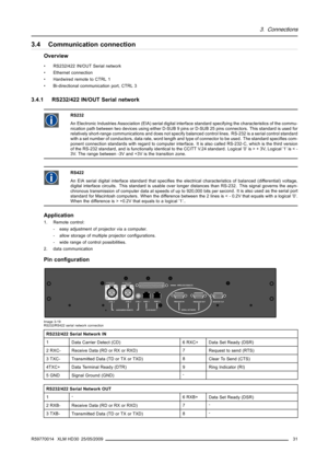 Page 353. Connections
3.4 Communication connection
Overview
• RS232/422 IN/OUT Serial network
• Ethernet connection
• Hardwired remote to CTRL 1
• Bi-directional communication port, CTRL 3
3.4.1 RS232/422 IN/OUT Serial network
RS232
An Electronic Industries Association (EIA) serial digital interface standard specifying the characteristics of the commu-
nication path between two devices using either D-SUB 9 pins or D-SUB 25 pins connectors. This standard is used for
relatively short-range communications and does...