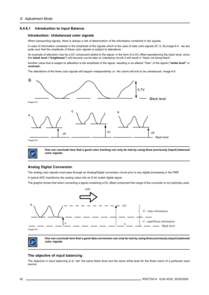 Page 666. Adjustment Mode
6.4.6.1 Introduction to Input Balance
Introduction: Unbalanced color signals
When transporting signals, there is always a risk of deterioration of the information contained in the signals.
In case of information contained in the amplitude of the signals which is the case of data color signals (R, G, B),image 6-4 , we are
quite sure that the amplitude of these color signals is subject to alterations.
An example of alteration may be a DC component added to the signal, in the form of a DC...