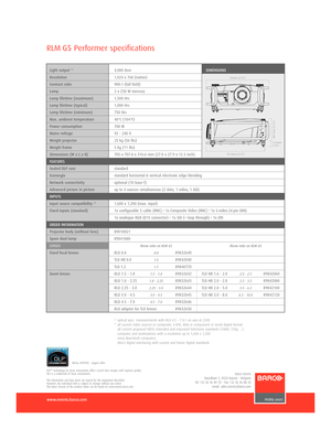 Page 2www.events.barco.com
RLM G5 Performer specifications
Ref.no. R599782  August 2004
DLP™ technology by Texas Instruments offers crystal clear images with superior quality. 
DLP is a trademark of Texas Instruments. 
The information and data given are typical for the equipment described.  
However any individual item is subject to change without any notice
The latest version of this product sheet can be found on www.events.barco.com.
Barco Events
Noordlaan 5, 8520 Kuurne  Belgium
Tel +32 56 36 89 70  Fax +32...