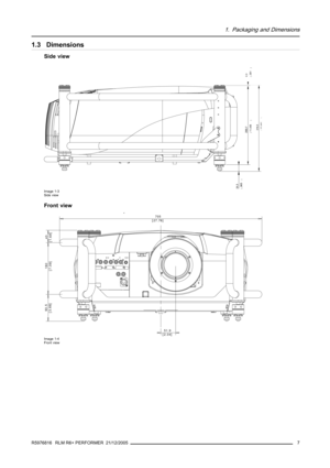 Page 111. Packaging and Dimensions
1.3 Dimensions
Side view
289,711,406[]
2,3
,091[]
316,512 461[
]
24,5
,965[
]
Image 1-3
Side view
Front view
705
[27.76]
51.9
[2.04]
43
[1.69] 180
[7.09] 93.5
[3.68]
Image 1-4
Front view
R5976816 RLM R6+ PERFORMER 21/12/20057 