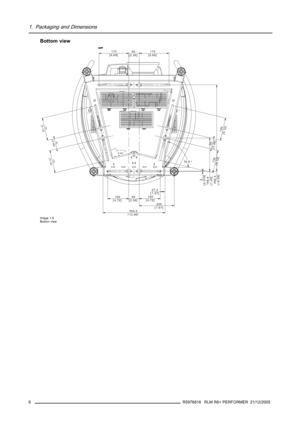 Page 121. Packaging and Dimensions
Bottom view
170
[6.69]60
[2.36]170
[6.69]
1
3
0[
5
.
12
]
6
0[
2
.
36
]
1
3
0[
5
.
12
]
120
[4.72]60
[2.36]
354.5
[13.96]
200
[7.87] 120
[4.72]27.2
[1.07]76.8 °
2
[0.079]
188.8
[7.43]
492.4
[19.39]
13
0
[5
.12
] 60
[2
.36
]
13
0
[5
.12
]
Image 1-5
Bottom view
8R5976816 RLM R6+ PERFORMER 21/12/2005 