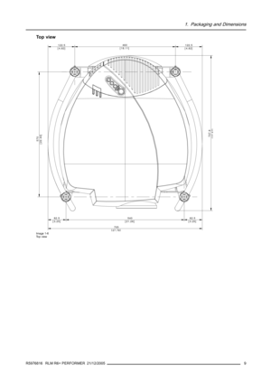 Page 131. Packaging and Dimensions
To p v i e w
460[18.11] 122.5
[4.82]
570
[22.44]
82.5
[3.25]540
[21.26]
705
[27.76]
82.5
[3.25]
707.8[27 87]
122.5
[4.82]
Image 1-6
To p v i e w
R5976816 RLM R6+ PERFORMER 21/12/20059 