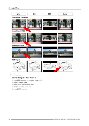 Page 748. Image Menu
4/35/416/9 Auto
Video Signal Pal/Secam
Video Signal NTSC
Video Signal 16/9
RGB Signal
Image 8-12
Some examples for aspect ratio
How to change the Aspect ratio ?
1. PressMENUto activate the menu bar. (image 8-13)
2. Press→to selectImage.
3. Press↓to pull down theImagemenu.
4. Use↑or↓to selectAspect ratio.
5. PressENTERto confirm.
70
R5976816 RLM R6+ PERFORMER 21/12/2005 