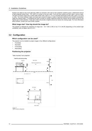 Page 163. Installation Guidelines
Screens are rated by how much light they reflect (or transmit in the case of rear projection systems) given a determined amount
of light projected toward them. The ‘GAIN’ of a screen is the term used. Front and rear screens are both rated in terms of gain.
The gain of screens range from a white matte screen with a gain of 1 (x1) to a brushed aluminized screen with a gain of 10 (x10)
or more. The choice between higher and lower gain screens is largely a matter of personal...