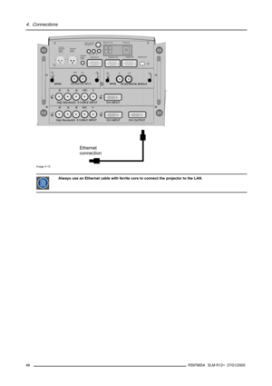 Page 504. Connections
OUT IN OnR9840450
HD SDI DIGITAL MODULE
OUT IN On9840110
SDI DIGITAL INPUT
COMM PORTTRIGGER OUT
RS232/422 OUT
RS232/422 INIR-Receiver Diagnostic Code
Green Operation
Red Stand-by
IR Sync OK
Hardwired
remote
CTRL 1 Hardwired
remote
CTRL 2 Two way
hardwired
remote
CTRL 3
OnOn
OnOn
DVI INPUT
DVI INPUT
DVI OUTPUT High Bandwidth  5 CABLE INPUT
High Bandwidth  5 CABLE INPUTRGBH/C V
RGBH/C V
Ethernet 
connection
Image 4-10
Always use an Ethernet cable with ferrite core to connect the projector to...