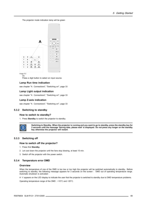 Page 535. Getting Started
The projector mode indication lamp will be green
-+
-
+
-+
-
+ -
+
09786
5
4
3
2 1
ENTER
32a
PAUSE-
+PHASE
FREEZTEXTEXIT
ADJ
STBY
SHARPNESS
TINT
COLOR
BRIGHTNESS
CONTRASTHELP?
COLOR PHASE SHARPNTINT
BRIGHTN
STANDBY
ENTER
TEXTEXIT
PAUSE
2
14 3 5680
9
7CONTRAST
A
Image 5-2Or,
Press a digit button to select an input source.
Lamp Run time indication
see chapter 4. Connections, Switching on, page 33
Lamp Light output indication
see chapter 4. Connections, Switching on, page 33
Lamp Z-axis...