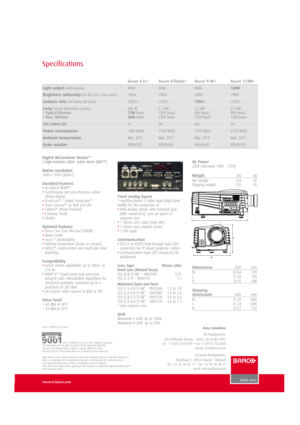 Page 6AC Power
230V (tolerance 180V - 255V)
Weightlbs kg
Net weight 124  56
Shipping weight 210 95
DimensionsInchmm
W 20.84  529
L  31.29 795
H 16.05 408
Shipping
dimensionsInchmm
W 31.50  800
L  47.24 1200
H 29.52 750
www.vr.barco.com
Barco Simulation
US Headquarters:
600 Bellbrook Avenue - Xenia, OH 45385-4053
Tel. +1 (937) 372-7579 • Fax +1 (937) 372-8645
email: vr.us@barco.com
European Headquarters:
Noordlaan 5, B8520 Kuurne - Belgium
Tel. +32 56 36 82 11 • Fax +32 56 36 86 51
email:...