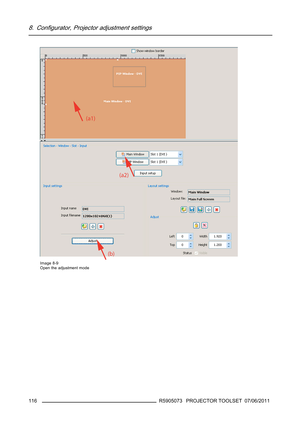 Page 1208. Configurator, Projector adjustment settings
Image 8-9
Open the adjustment mode
116R5905073 PROJECTOR TOOLSET 07/06/2011 