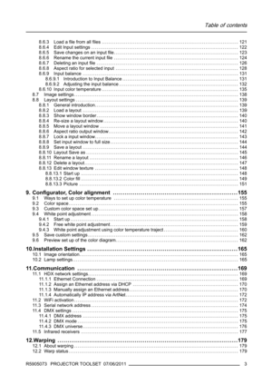 Page 7Table of contents
8.6.3 Load aﬁle from allﬁles ............................................................................... 121
8.6.4 Edit Input settings ..................................................................................... 122
8.6.5 Save changes on an inputﬁle........................................................................ 123
8.6.6 Rename the current inputﬁle ........................................................................ 124
8.6.7 Deleting an inputﬁle...