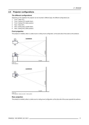 Page 212. General
2.5 Projector conﬁgurations
The different conﬁgurations
Depending on the installation the projector can be mounted in different ways, the different conﬁgurations are:
1. Front / Table (F/T)
2. Front / Ceiling (F/C) (upside down)
3. Front / Ceiling (F/C) (table position)
4. Rear / Table (R/T)
5. Rear / Ceiling (R/C) (upside down)
6. Rear / Ceiling (R/C) (table position)
Front projection
The projector is installed, either in a table mount or ceiling mount conﬁguration, at the same side of the...