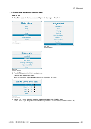 Page 22712. Alignment
12.14.6 White level adjustment (blending area)
How to set
1. PressMenuto activate the menus and selectAlignment→Scenergix→White level.
Image 12-81
Main menu, alignment
Image 12-82
Alignment, Scenergix
Image 12-83
Scenergix, white level
2. PressENTERto select theWhite leveladjustments.
The White level position menu opens.
When Adjustment lines is[On], the different areas are displayed on the screen.
Image 12-84
White level position
3. Use the▲or▼key to select one of the four size adjustments...