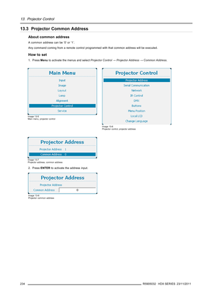 Page 23813. Projector Control
13.3 Projector Common Address
About common address
A common address can be ’0’ or ’1’.
Any command coming from a remote control programmed with that common address will be executed.
How to set
1. PressMenuto activate the menus and selectProjector Control→Projector Address→Common Address.
Image 13-5
Main menu, projector control
Image 13-6
Projector control, projector address
Image 13-7
Projector address, common address
2. PressENTERto activate the address input.
Image 13-8
Projector...