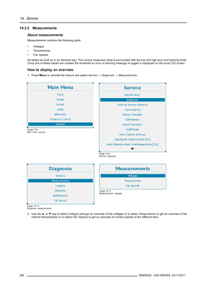 Page 28614. Service
14.3.2 Measurements
About measurements
Measurements contains the following parts:
• Voltages
• Temperatures
• Fan speeds
All tables are built up in an identical way. The current measured value is surrounded with the low and high error and warning limits.
Once one of these values are crossed the threshold an error or warning message is logged or displayed on the local LCD screen.
How to display an overview
1. PressMenuto activate the menus and selectService→Diagnosis→Measurements.
Image 14-8...