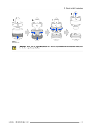 Page 349E. Stacking HDX projectors
D
CBA
Image E-5
Interlocking, open
WARNING:Never open an interlocking adapter of a stacked projector which is still suspended. First place
the stacked projectors on theﬂoor.
R5905032 HDX SERIES 23/11/2011345 