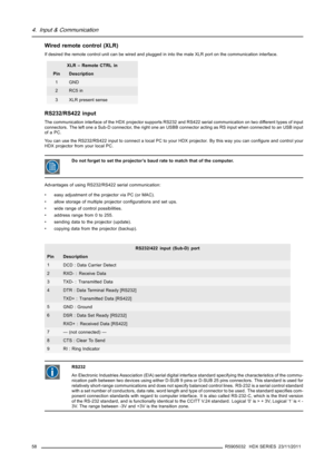 Page 624. Input & Communication
Wired remote control (XLR)
If desired the remote control unit can be wired and plugged in into the male XLR port on the communication interface.
XLR – Remote CTRL in
Pin Description
1GND
2RC5in
3 XLR present sense
RS232/RS422 input
The communication interface of the HDX projector supports RS232 and RS422 serial communication on two different types of input
connectors. The left one a Sub-D connector, the right one an USBB connector acting as RS input when connected to an USB...