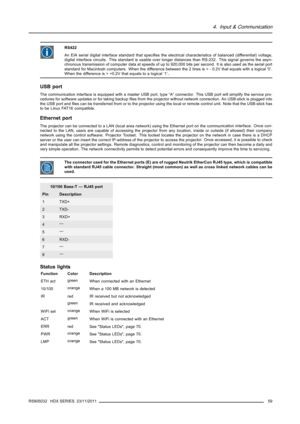 Page 634. Input & Communication
RS422
An EIA serial digital interface standard that speciﬁes the electrical characteristics of balanced (differential) voltage,
digital interface circuits. This standard is usable over longer distances than RS-232. This signal governs the asyn-
chronous transmission of computer data at speeds of up to 920,000 bits per second. It is also used as the serial port
standard for Macintosh computers. When the difference between the 2 lines is < - 0.2V that equals with a logical ’0’....