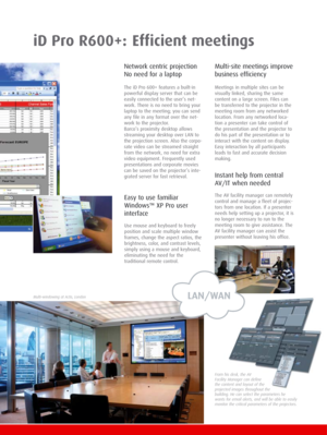 Page 4iD Pro R600+:Efficient meetings
Multi-windowing at Actis, London
Multi-site meetings improve
business efficiency
Meetings in multiple sites can be
visually linked, sharing the same 
content on a large screen. Files can
be transferred to the projector in the
meeting room from any networked
location. From any networked loca-
tion a presenter can take control of
the presentation and the projector to
do his part of the presentation or to
interact with the content on display.
Easy interaction by all...