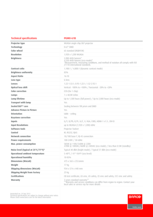 Page 2 Technical specificationsPGWU­61B
Projector typeWUXGA single­chip DLP projector
Technology0.67" DMD
Color wheel6S standard (RGBYCW)
Resolution1,920 x 1,200 WUXGA
Brightness5,900 ANSI lumens*4,250 ANSI lumens (eco­mode)**Measurement, measuring conditions, and method of notation all comply with ISO21118 international standards.
Contrast ratio1,100:1 / 4,800:1 (dynamic contrast mode)
Brightness uniformity85%
Aspect Ratio16:10
Lens typeG lens
Lenses1.22­1.53:1; 0.95­1.22:1; 1.52­2.92:1
Optical lens...