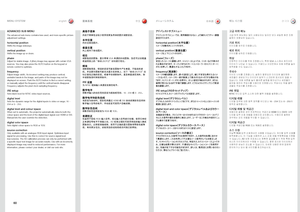 Page 6060
ADVANCED SUB MENU
The advanced sub menu contains less used, and more specific picture adjustment settings .
horizontal positionShifts the image sideways .
vertical positionShifts the image up or down .
phaseAdjust for stable image . A jittery image may appear with certain VGA sources . You may also press the AUTO button on the keypad or remote control to optimize .
frequencyAdjust image width . An incorrect setting may produce vertical, unstable bands in the image, and parts of the image may not be...