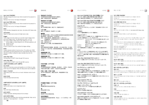 Page 6666
MENU SYSTEM菜单系统メニューシステム메뉴 시스템
LAMP SUB MENU (UHP LAMPS)
eco modeSwitch eco mode (low power and long life) on or off . When on, lamp power may not be adjusted . When off, lamp power may be adjusted . 
lamp 1, 2 powerAdjust lamp power when not in eco mode . Individual control of each lamp .
lamp modeEnters the lamp mode sub menu .
LAMP MODE SUB MENU (UHP LAMPS)
single 1, 2Selects which lamp to run in single lamp mode .
dualRuns both lamps simultaneously .
auto switchEnables automatic switching between...