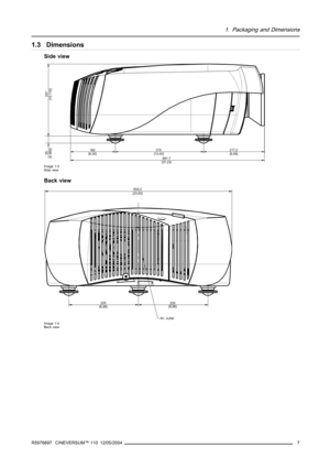 Page 111. Packaging and Dimensions
1.3 Dimensions
Side view
315
[12,40]
691,7
[27,23]
217,2
[8,55] 160
[6,30]
257
[10,118] 25
[0.984]
Image 1-3
Side view
Back view
605,2
[23,83]
225
[8,86]225
[8,86]
Air  outlet
Image 1-4
Back view
R5976697 CINEVERSUM™ 110 12/05/20047 