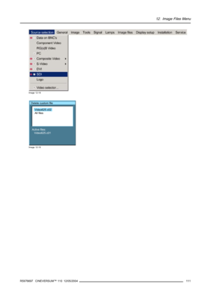 Page 11512. Image Files Menu
Image 12-18
Delete custom file
Active files:
Video625.c01
Video625.c02
All files
Image 12-19
R5976697 CINEVERSUM™ 110 12/05/2004111 