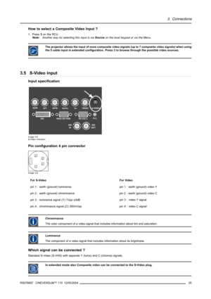 Page 293. Connections
How to select a Composite Video Input ?
1. Press3on the RCU
Note:Another way for selecting this input is viaSourceon the local keypad or via the Menu.
The projector allows the input of more composite video signals (up to 7 composite video signals) when using
the 5 cable input in extended configuration. Press 3 to browse through the possible video sources.
3.5 S-Video input
Input specification
R/PRG/YB/PBHs/CsVsVIDEO
SDI
INSDI
OUTS-VIDEO
R.C.DVI ANALOG RGB RS 232 C
Image 3-8
S-Video...