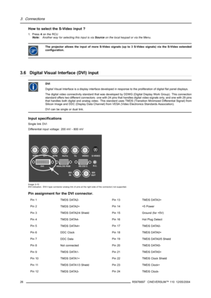 Page 303. Connections
How to select the S-Video input ?
1. Press4on the RCU
Note:Another way for selecting this input is viaSourceon the local keypad or via the Menu.
The projector allows the input of more S-Video signals (up to 3 S-Video signals) via the S-Video extended
configuration.
3.6 Digital Visual Interface (DVI) input
DVI
Digital Visual Interface is a display interface developed in response to the proliferation of digital flat panel displays.
The digital video connectivity standard that was developed...