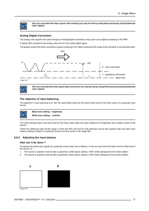 Page 818. Image Menu
One can conclude here that a good color tracking can only be met by using three previously (input) balanced
color signals
Analog Digital Conversion
The analog color signals must pass through an Analog/Digital conversion circuit prior to any digital processing in the PMP.
A typical ADC transforms the analog value into an 8 bit coded digital signal.
The graphic shows that when converting a signal containing a DC offset component the range of the converter is not optimally used.
Black level∆...