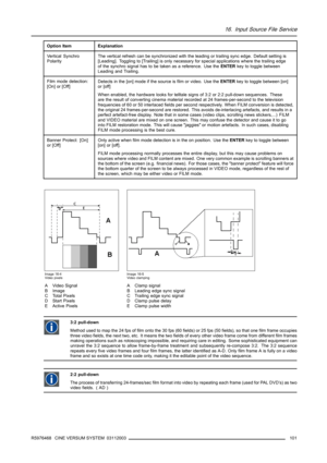 Page 10516. Input Source File Service
Option ItemExplanation
Vertical Synchro
PolarityThe vertical refresh can be synchronized with the leading or trailing sync edge. Default setting is
[Leading]. Toggling to [Trailing] is only necessary for special applications where the trailing edge
of the synchro signal has to be taken as a reference. Use theENTERkey to toggle between
Leading and Trailing.
Film mode detection:
[On] or [Off]Detects in the [on] mode if the source is film or video. Use theENTERkey to toggle...