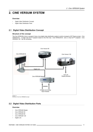 Page 152. Cine VERSUM System
2. CINE VERSUM SYSTEM
Overview
• Digital Video Distribution Concept
• Digital Video Distribution Parts
2.1 Digital Video Distribution Concept
Structure of the concept
The Cine VERSUM is from a concept of view a true digital videodistribution system to which at present a 50 Plasma screen-Cine
VERSUM 50 - ,a single chip DLPTMprojectorbasedontheHD2chip-CineVERSUM80-anda3chipDLPTMprojector - Cine
VERSUM 120 - can be connected.
Up to 32 
Display Modules Cine VERSUM 50Cine Versum 80
Cine...