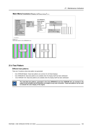 Page 15321. Maintenance Indicators
0 720 CW  Index    310
Use test pattern
   Yes
   No
Cine VERSUM r01
Main Menu/Installation/Display List/Display Settings/CW Index
InstallationInput Slots
File Service
Display List
Internal Pattern
W hen no signal
Source Transition
OSD configuration
Language
Keystone
Global Keystone:Yes
Output: [Largest]
Default Input Balance
BackDisplay List1 CV50  On
2 CV120 On
3 CV80 On
Back
Display Settings Switch OFF
 Display Info
 Rename
 IR Address 009
 Diagnosis
 CW  Index...