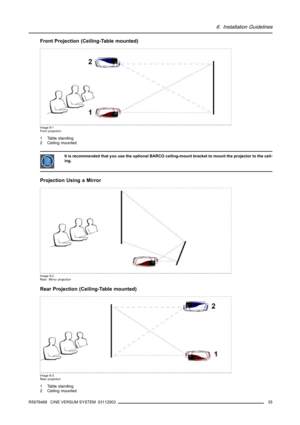 Page 396. Installation Guidelines
Front Projection (Ceiling-Table mounted)
Image 6-1
Front projection
1 Table standing
2 Ceiling mounted
It is recommended that you use the optional BARCO ceiling-mount bracket to mount the projector to the ceil-
ing.
Projection Using a Mirror
Image 6-2
Rear: Mirror projection
Rear Projection (Ceiling-Table mounted)
Image 6-3
Rear projection
1 Table standing
2 Ceiling mounted
R5976468 CINE VERSUM SYSTEM 03112003
35 