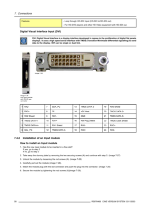 Page 627. Connections
Features- Loop through HD-SDI Input (HD-SDI in/HD-SDI out)
- For HD-DVD players and other HD Video equipment with HD-SDI out.
Digital Visual Interface Input (DVI)
DVI: Digital Visual Interface is a display interface developed in repose to the proliferation of digital flat panels
displays. It uses a high speed serial interface with TMDS (Transition Minimized differential signalling) to send
data to the display. DVI can be single or dual link.
Image 7-25
DVI input module
with DVI-D type...