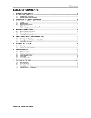 Page 3Table of contents 
  R5976691 CINE VERSUM 70/60 12042004 
 1 
 
TABLE OF CONTENTS 
1. SAFETY INSTRUCTIONS .......................................................................................................... 3 
1.1 General Safety Instructions ....................................................................................................................................................... 3 1.2 Projector Related Safety Information...