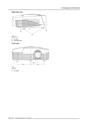 Page 91. Packaging and Dimensions
Right side view
A
B
Image 1-3
Right side view
A Air inlet
B Adjustable feet
Front view
AImage 1-4
Front view
A Air outlet
R5976763 CINEVERSUM 60/70 22042004
5 