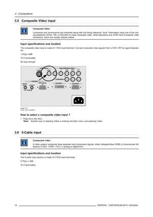 Page 223. Connections
3.5 Composite Video input
Composite Video
Luminance and chrominance are combined along with the timing reference sync information using one of the cod-
ing standards--NTSC, PAL or SECAM--to make composite video. Most televisions and VCRs have composite video
connectors, which are usually colored yellow.
Input specifications and location
The composite video input is made of 1 RCA input terminal. Connect composite video signals from a VCR, OFF air signal decoder,
etc..
1.0Vpp ±3dB...