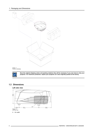 Page 81. Packaging and Dimensions
Image 1-1
Projector packaging
Save the original shipping carton and packing material, they will be necessary if you ever have to ship your
projector. For maximum protection, repack your projector as it was originally packed at the factory.
1.3 Dimensions
Left side view
A
Image 1-2
Left side view
A Air outlet
4
R5976763 CINEVERSUM 60/70 22042004 