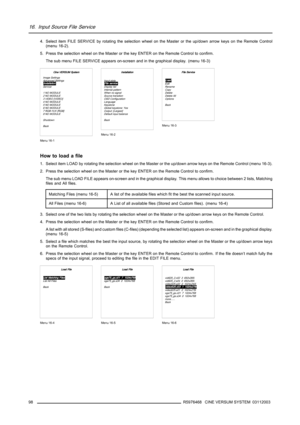 Page 10216. Input Source File Service
4. Select item FILE SERVICE by rotating the selection wheel on the Master or the up/down arrow keys on the Remote Control
(menu 16-2).
5. Press the selection wheel on the Master or the key ENTER on the Remote Control to confirm.
The sub menu FILE SERVICE appears on-screen and in the graphical display. (menu 16-3)
Cine VERSUM System
Image Settings
Advanced Settings
Installation
Service
1 NO MODULE
2 NO MODULE
3 VIDEO [VIDEO]
4 NO MODULE
5 NO MODULE
6 NO MODULE
7 RGB-YUV...