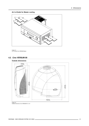 Page 254. Dimensions
Air In-/Outlet for Master cooling
Image 4-4
Air In-/Outlet Cine VERSUM Master
4.2 Cine VERSUM 80
Outside dimensions
Image 4-5
Outside dimensions Cine VERSUM 80 in mm
R5976468 CINE VERSUM SYSTEM 0311200321 