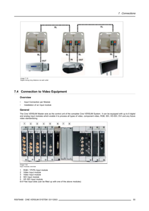 Page 597. Connections
Image 7-19
Digital linking long distance via wall outlet
7.4 Connection to Video Equipment
Overview
• Input Connection per Module
• Installation of an Input module
General
The Cine VERSUM Master acts as the control unit of the complete Cine VERSUM System. It can be equipped with up to 8 digital
and analog input modules which enable it to process all types of video, component video, RGB, SDI, HD-SDI, DVI and any future
video standardizing.
Image 7-20
Input modules overview
1 RGB / YPrPb...