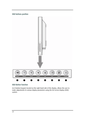 Page 22  
 
22  
OSD buttons position 
 
OSD Button Function 
An 8-button keypad, located on the right hand side of the display, allows the user to 
make adjustments to various display parameters using the On Screen Display (OSD) 
system.  