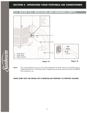 Page 18SECTION 5  OPERATING YOUR PORTABLE AIR CONDITIONER
17
1
2
3
1. Pump Drain
2. Drain Hose
3. Water bucket
Figure 15Figure 16
5.4  WATER FULL INDICATION AND DRAINING CONT’D...
NOTE:The cooling efficiency of your unit will be affected if the Drain Hose or the Garden Hose is 
always attached to it. The Drain Hose or Garden Hose must be used only when the WATER 
FULL indicator is on.
MAKE SURE THAT THE DRAIN CAP IS REINSTALLED PROPERLY TO PREVENT LEAKING. 